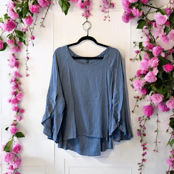 Moa Moa Blue Chambray Top with Ruffled Sleeves - Picture 3 of 12